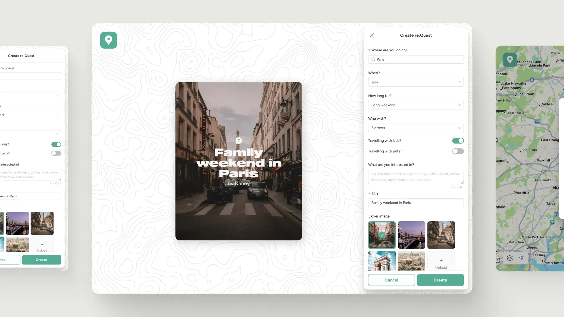 Pin Drop on desktop and mobile: creating a shared trip, choosing a cover image and browsing the map it builds.