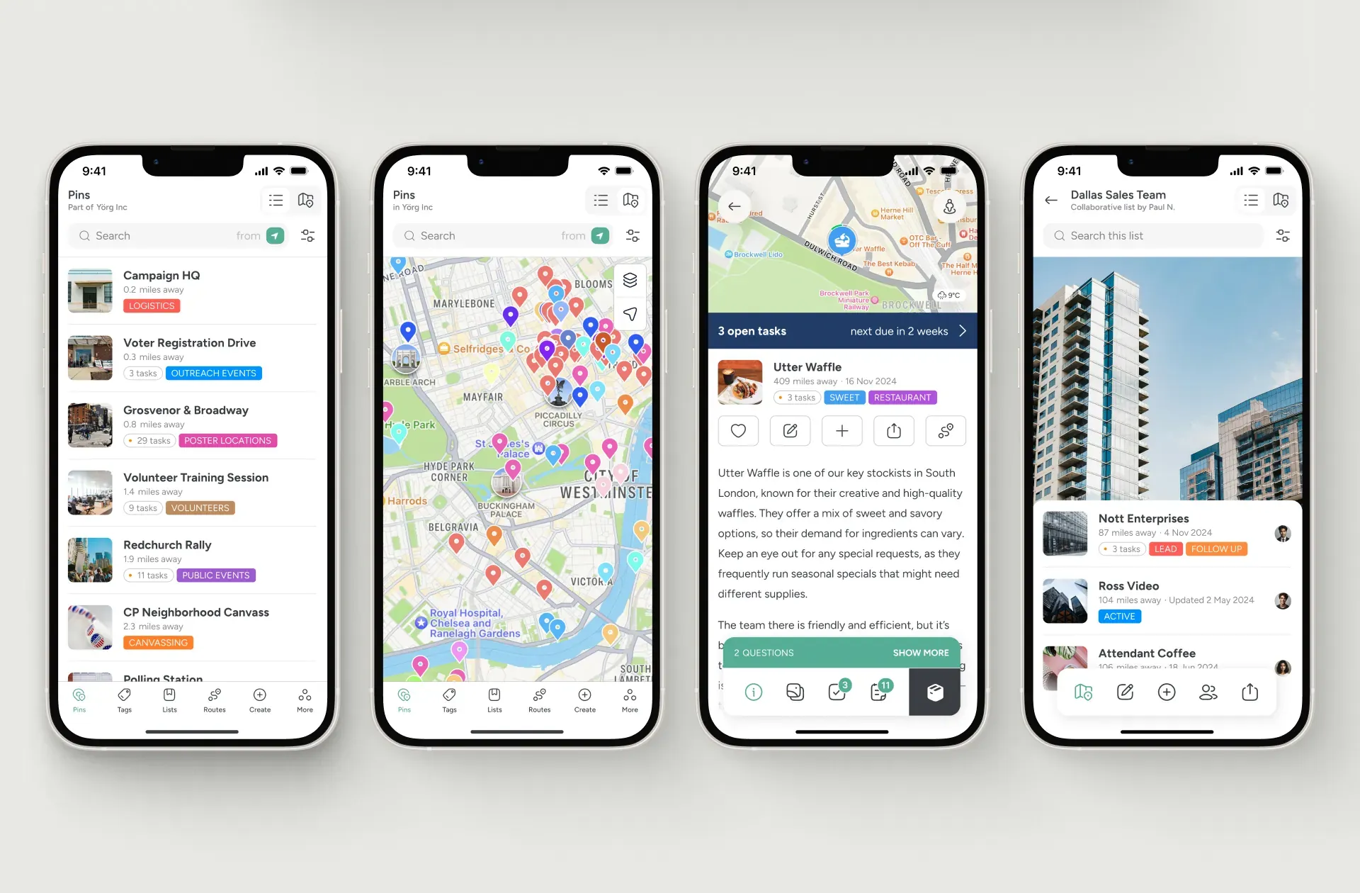 Pin Drop on mobile: a shared team list, a dense city map of pins, a place record with open tasks and a collaborative sales list.