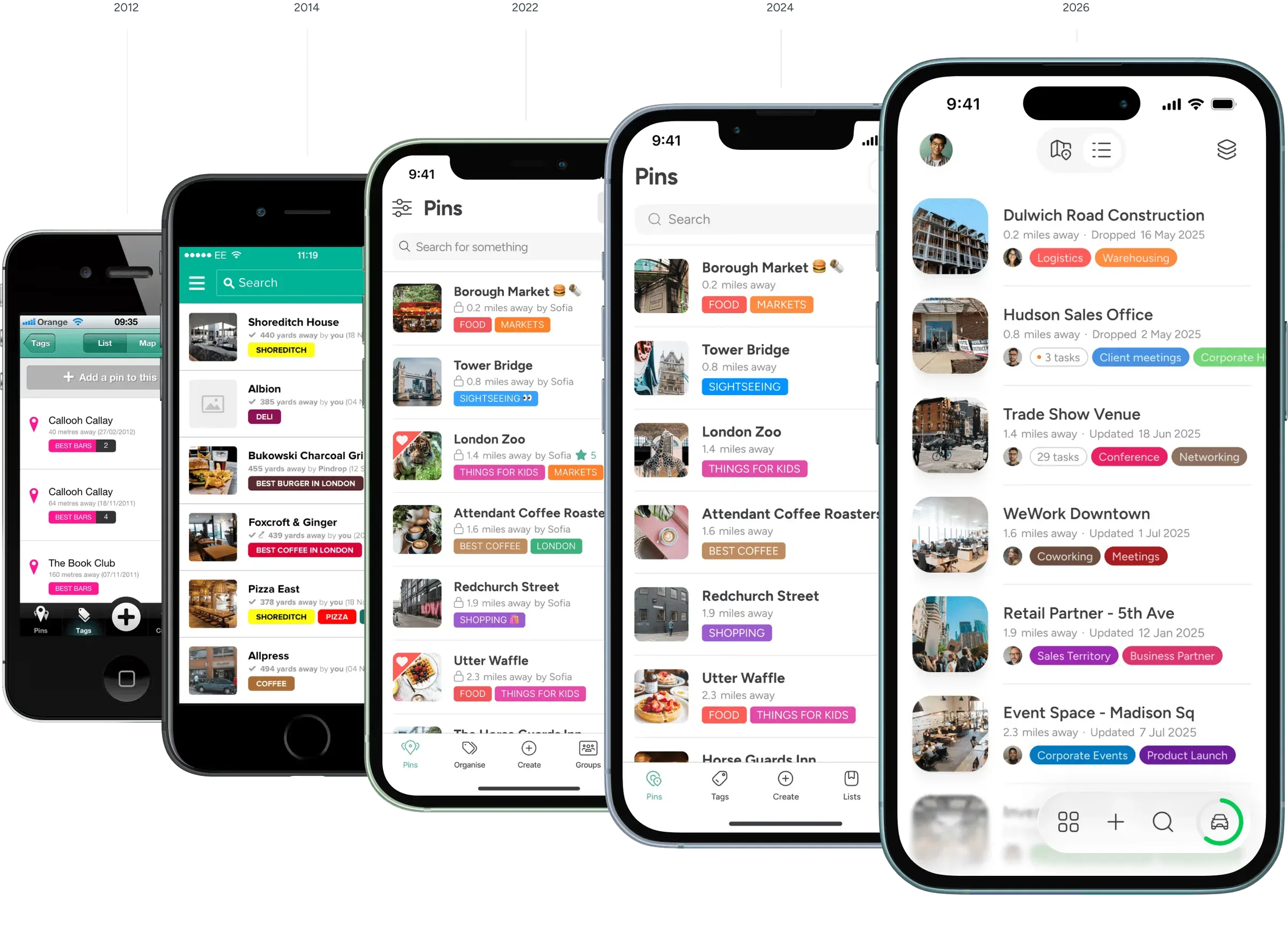 Pin Drop's interface from 2012 to 2026, from saving coffee shops to managing construction sites, sales territories and event venues.