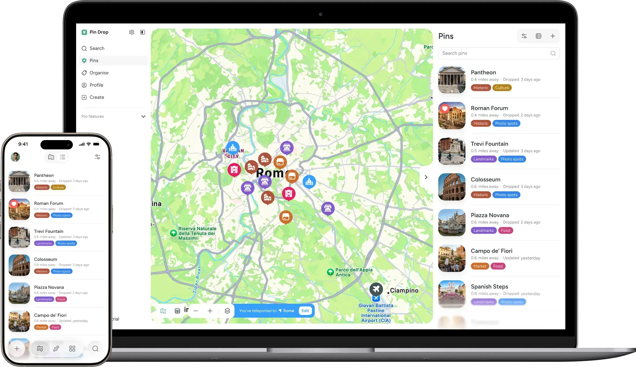 Planning in Pin Drop across laptop and phone, with pins marking landmarks across Rome and a list building alongside the map.